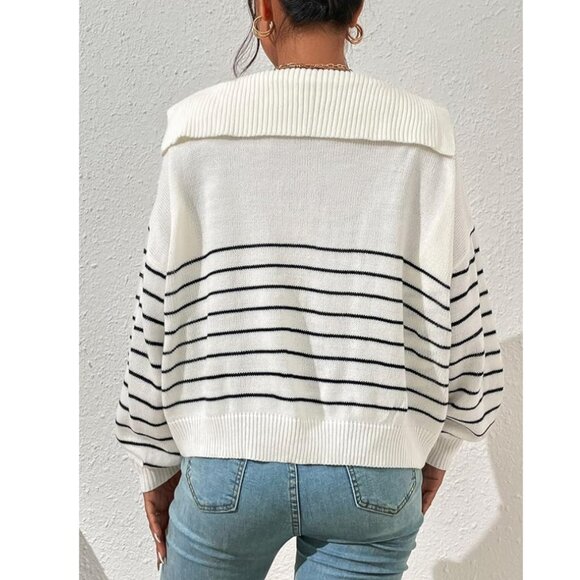 Stripe Pattern Sailor Collar Drop Shoulder Sweater - Size Small Oversized - Picture 2 of 10